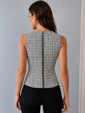 Express Black and White Tweed-Texture Zip-Back Tank